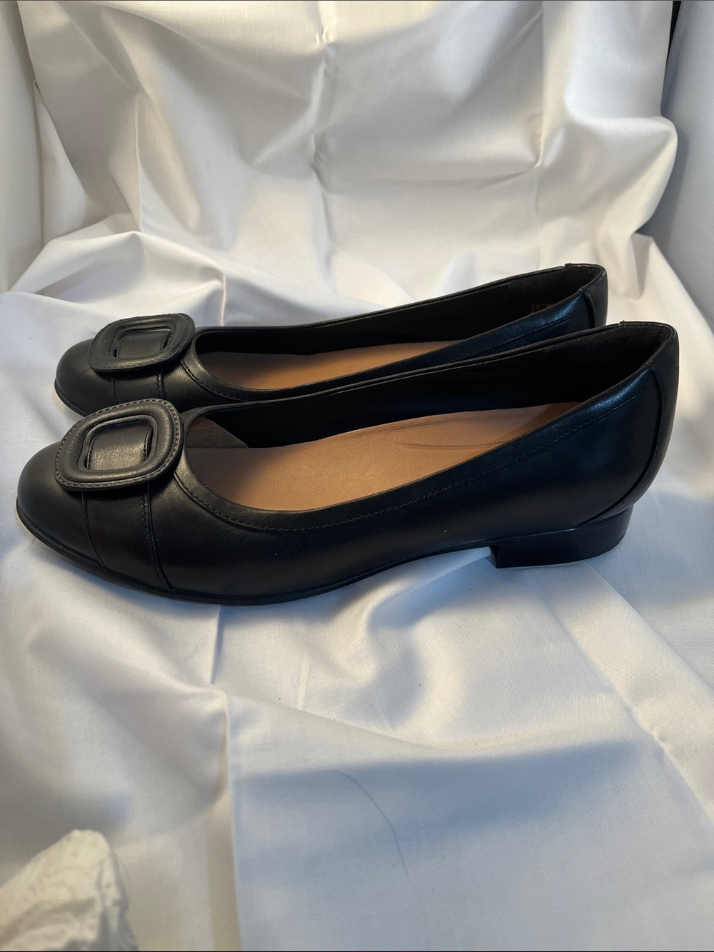 Clarks Black Leather Square-Buckle Flats - Picture 7 of 11